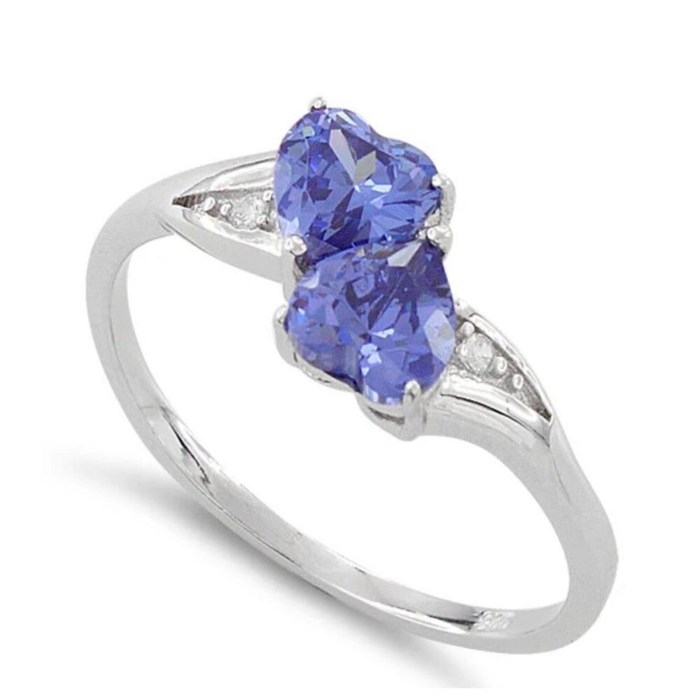 Sterling Silver Double Heart Tanzanite CZ Ring New